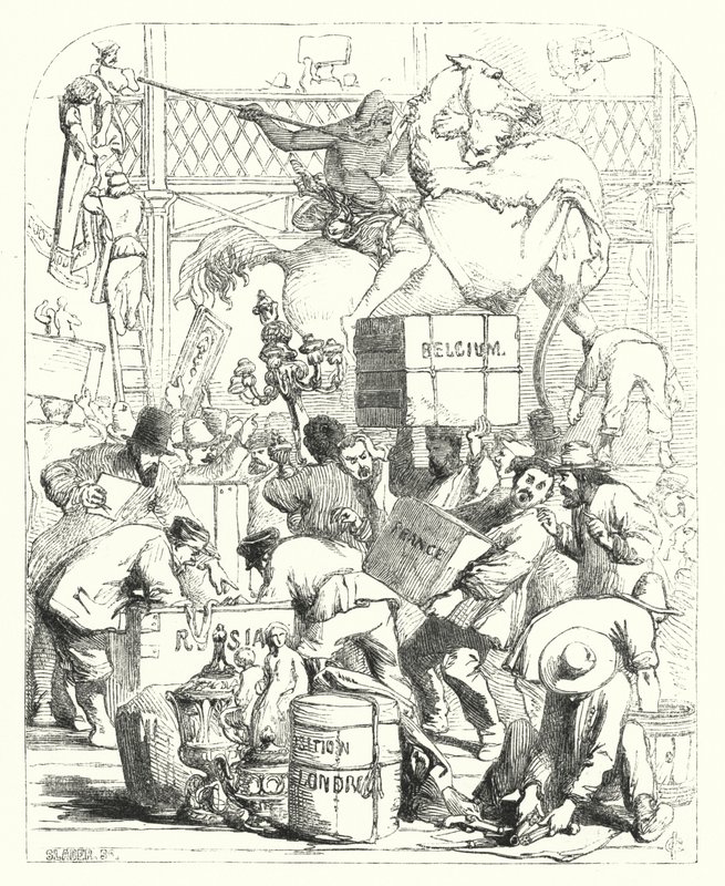 Ankomst af varer, der skal udstilles på den store udstilling i 1851, Crystal Palace, Hyde Park, London (gravering) af John (after) Gilbert