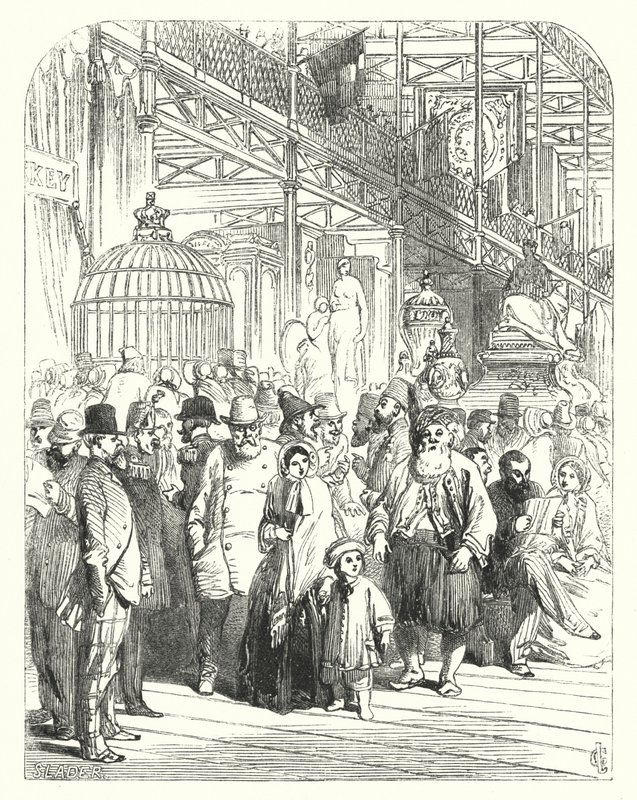 Udstillere og besøgende i Crystal Palace, Hyde Park, London, mødested for den store udstilling i 1851 (gravering) af John (after) Gilbert