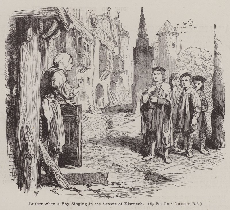 Martin Luther, da en dreng synger i Eisenachs gader (gravering) af John (after) Gilbert