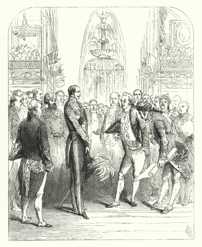 Prins Albert og de kongelige kommissærer ved den store udstilling i 1851, Crystal Palace, Hyde Park, London (gravering) af John (after) Gilbert