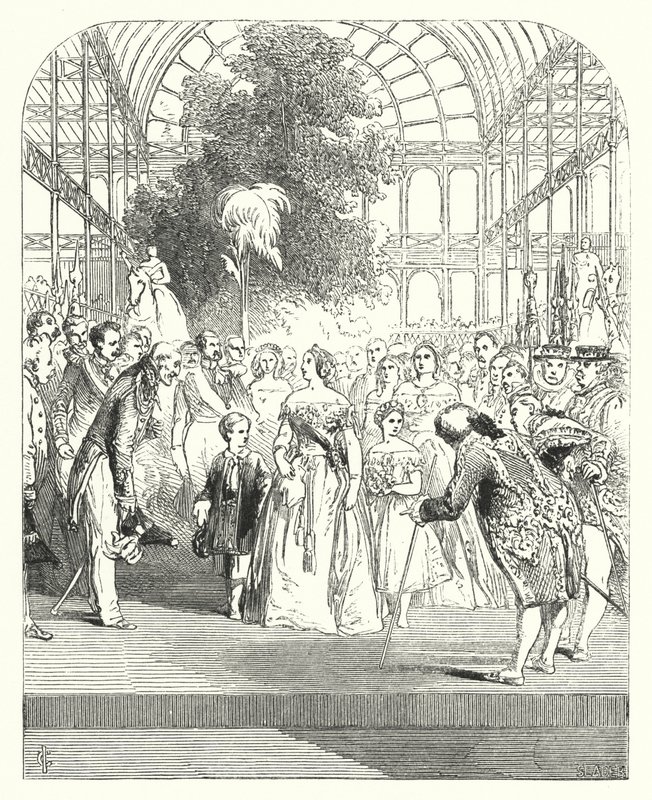 Dronning Victoria og hendes børn besøger den store udstilling i 1851, Crystal Palace, Hyde Park, London (gravering) af John (after) Gilbert