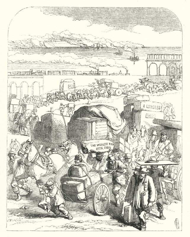Skibe og tog bringer besøgende til den store udstilling i 1851, Crystal Palace, Hyde Park, London (gravering) af John (after) Gilbert