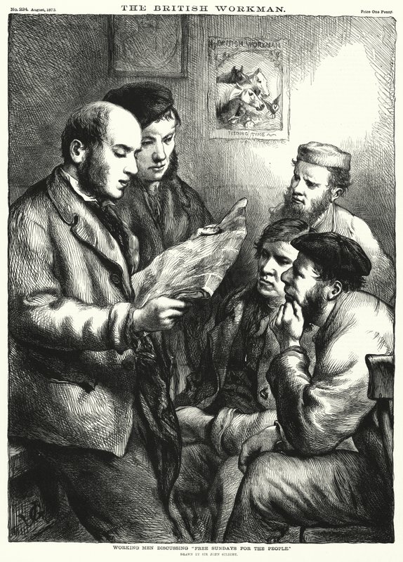 Arbejdermænd diskuterer "Fri søndage for folket" (gravering) af John (after) Gilbert