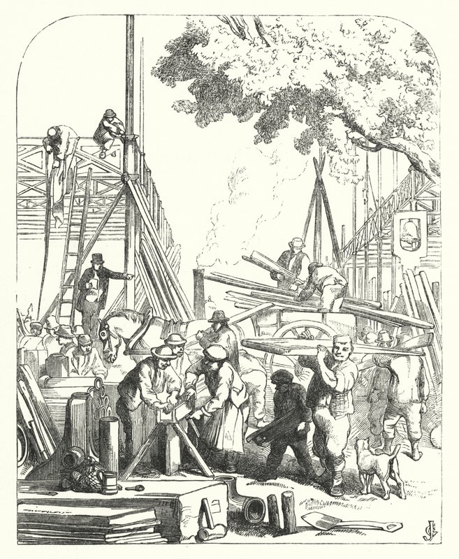Håndværkere på stedet for Crystal Palace, Hyde Park, London, mødested for den store udstilling i 1851 (gravering) af John (after) Gilbert
