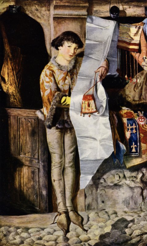 Dreng uden for en draperbutik i middelalderen, der promoverer sine varer (foto) af John (after) Pettie