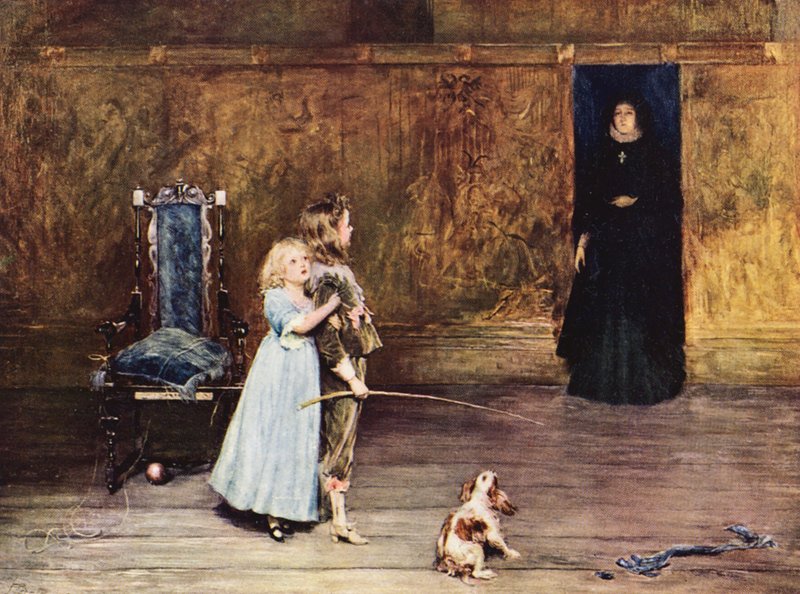 Scene fra Peveril of the Peak (farvelitografi) af John (after) Pettie