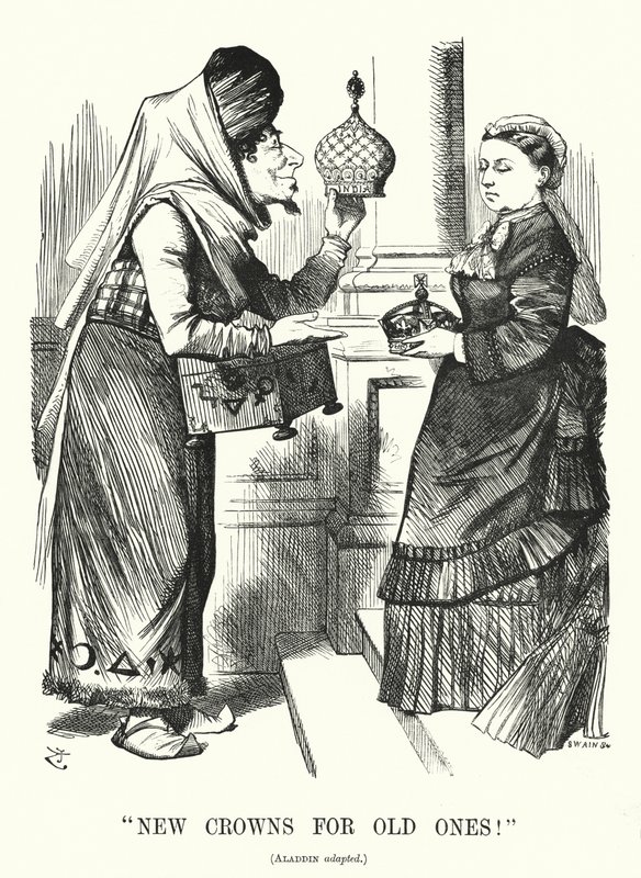 Punch tegnefilm: Nye kroner til gamle. Benjamin Disraeli (som Aladdin) med dronning Victoria - Royal Titles Act 1876, der anerkender dronningen som kejserinde af Indien (gravering) af John (after) Tenniel