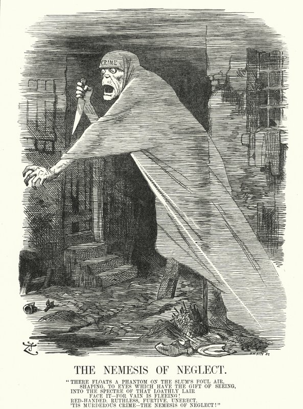 Punch tegneserie: The Nemesis of Neglect - fattigdom og kriminalitet i London på tidspunktet for Jack the Ripper-mordene (gravering) af John (after) Tenniel
