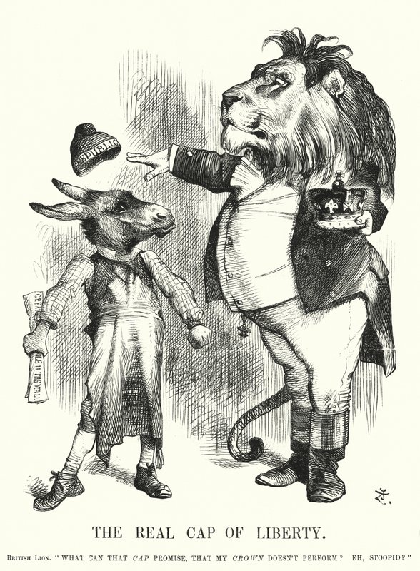 Punch tegneserie: The Real Cap of Liberty - Storbritanniens konstitutionelle monarkis overlegenhed over republikanisme (gravering) af John (after) Tenniel