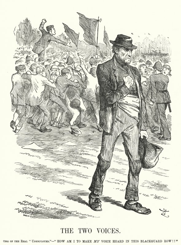 Punch tegnefilm: The Two Voices - arbejdsløshed og social uro i det victorianske Storbritannien (gravering) af John (after) Tenniel