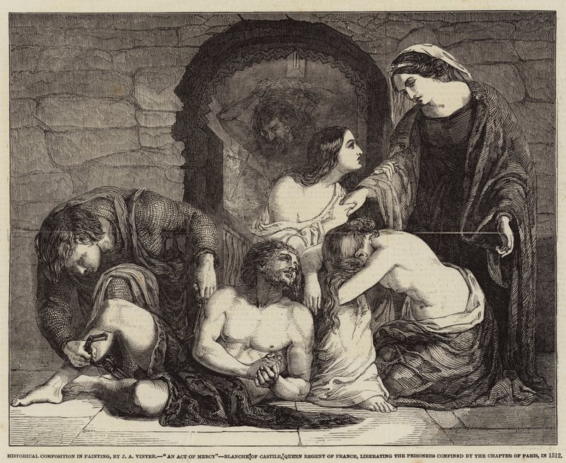 Historical Composition in Painting, An Act of Mercy, Blanche af Castilla, Dronning Regent af Frankrig, befrielse af fangerne indespærret af kapitlet i Paris, i 1512 af John Alfred Vintner