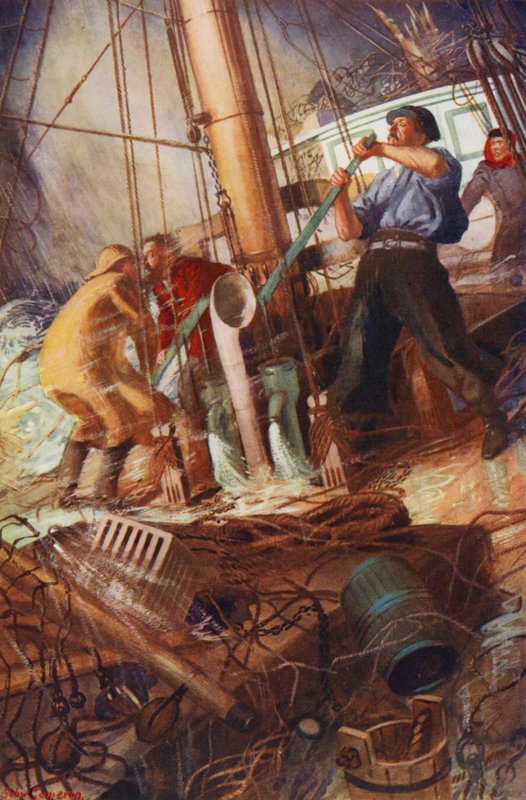 Alle mand til pumperne! (farvelitografi) af John Cameron