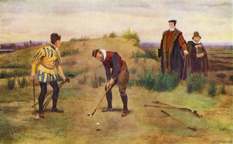 The Sabbath Breakers, to mænd fanget i at spille golf på sabbatten (farve litho) af John Charles (after) Dollman