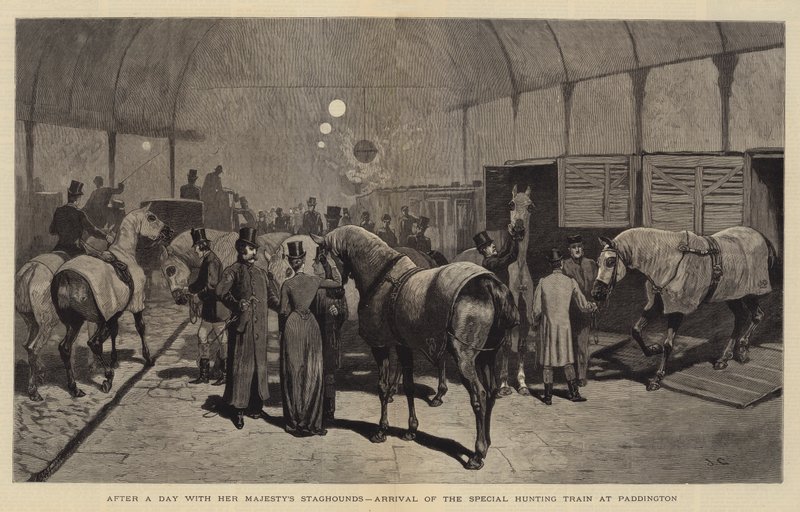 Efter en dag med Hendes Majestæts jagthunde ankommer det særlige jagttog til Paddington af John Charles Dollman