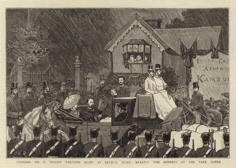 General Sir E. Woods velkomst i Belhus, Essex, med oplæsning af talen ved parkens porte af John Charles Dollman