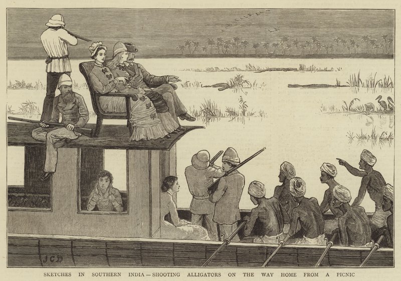 Skitser i det sydlige Indien, der skyder alligatorer på vej hjem fra en picnic af John Charles Dollman