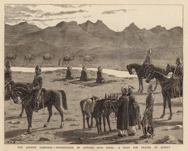 Den afghanske kampagne, deportation af Sirdars til Indien, et stop for bøn ved solnedgang af John Charles Dollman