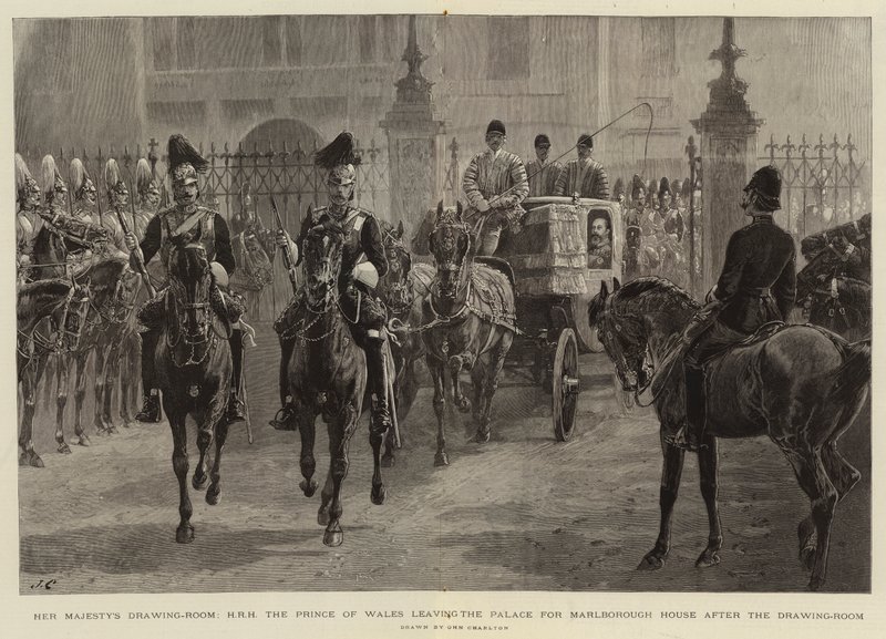 Hendes Majestæts Tegnestue, H.K.H. Prinsen af Wales forlader paladset for at gå til Marlborough House efter Tegnestuen af John Charlton