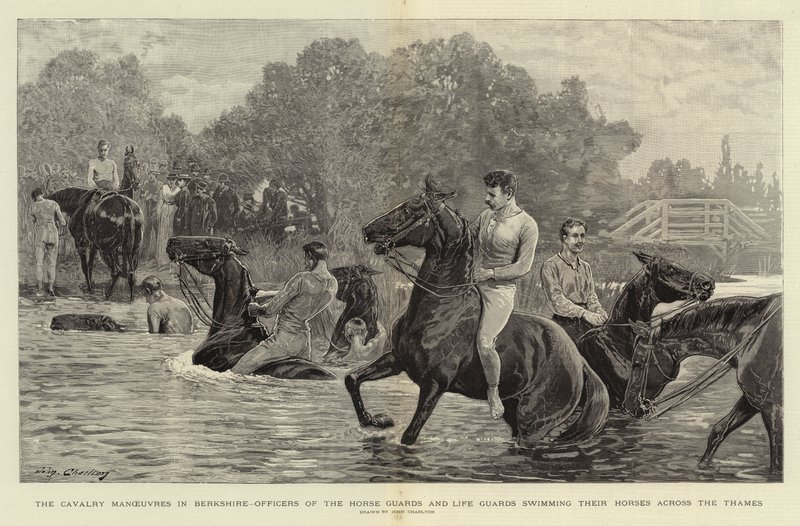 Kavaleriets manøvrer i Berkshire, officerer fra Horse Guards og Life Guards svømmer deres heste over Themsen af John Charlton