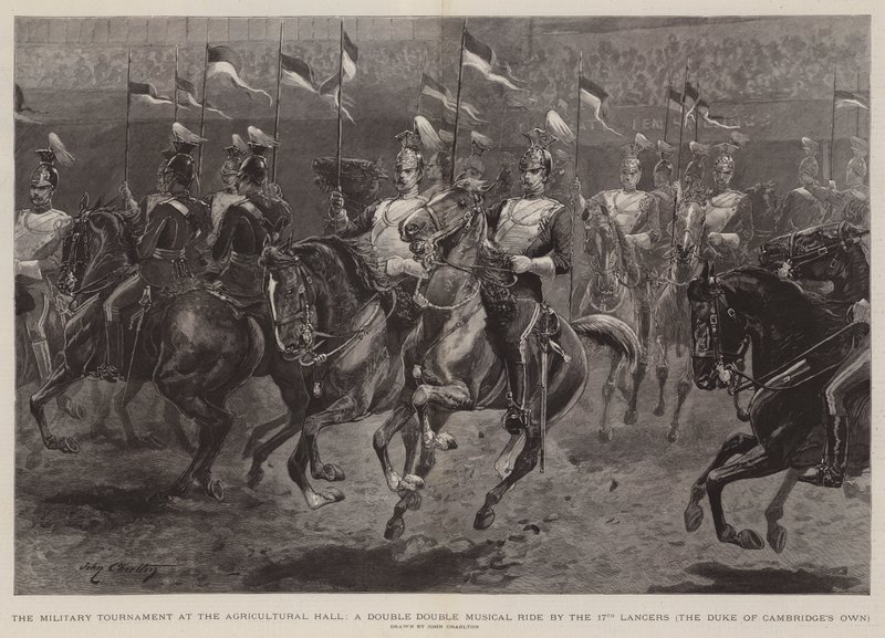 Militærturnering i Agricultural Hall, en dobbelt dobbelt dobbelt musikalsk ridt af 17th Lancers, Duke of Cambridge