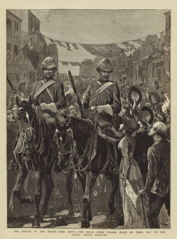 Troppernes tilbagevenden fra Egypten, Royal Horse Guards (blå) på vej til Albany Street Barracks af John Charlton