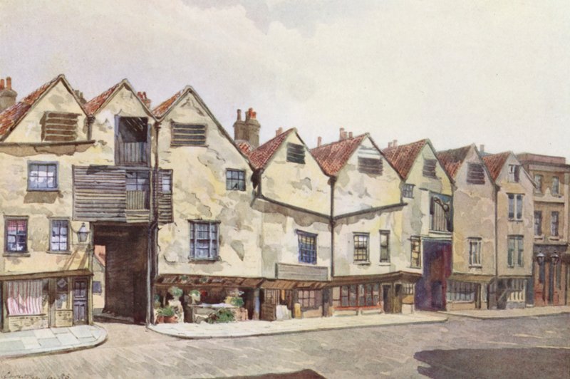 Det forsvundne London: Gamle lejeboliger i Bermondsey Street (farvelitografi) af John Crowther