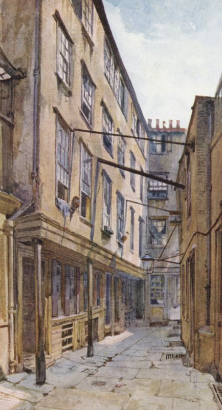 Det forsvundne London: Golden Buildings, Strand (farvelitografi) af John Crowther