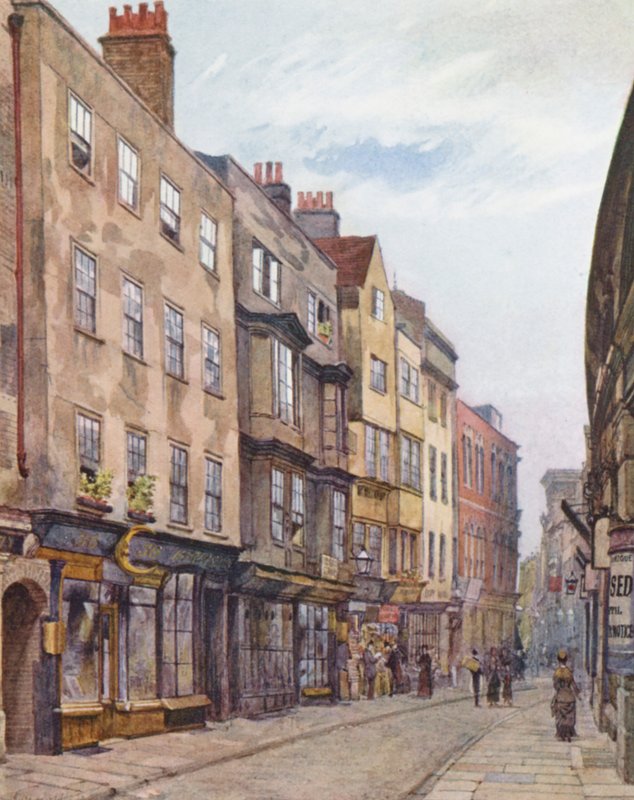 Lost London: Holywell Street, set mod vest (farvelitografi) af John Crowther