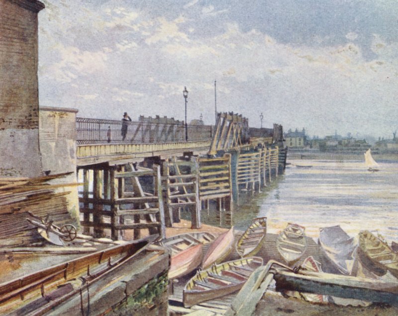 Det forsvundne London: Old Battersea Bridge, fra den nordlige bred (farvelitografi) af John Crowther