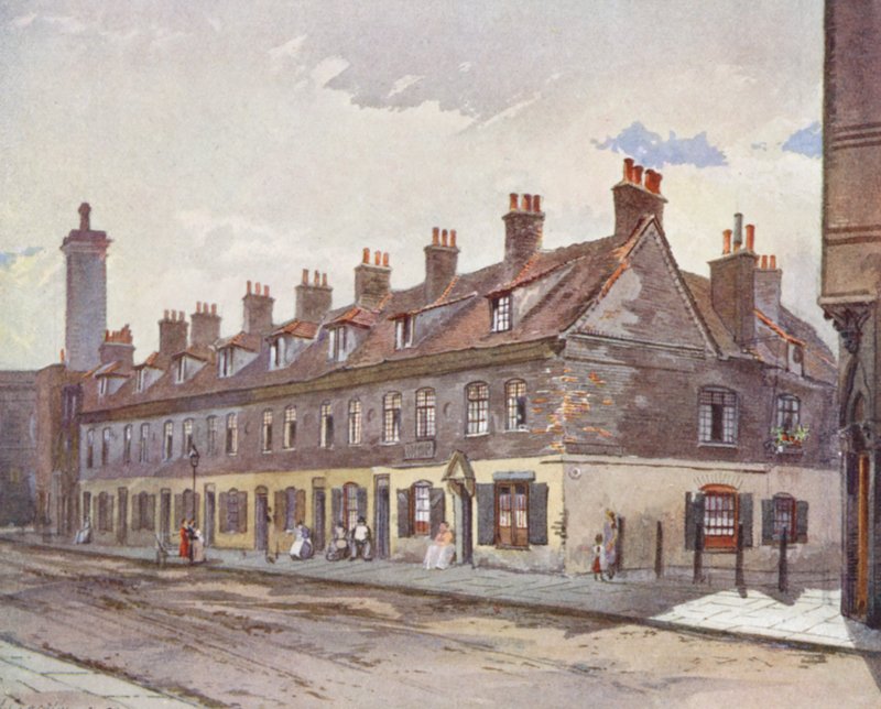 Det forsvundne London: Gamle huse i Pye Street, Westminster (farvelitografi) af John Crowther