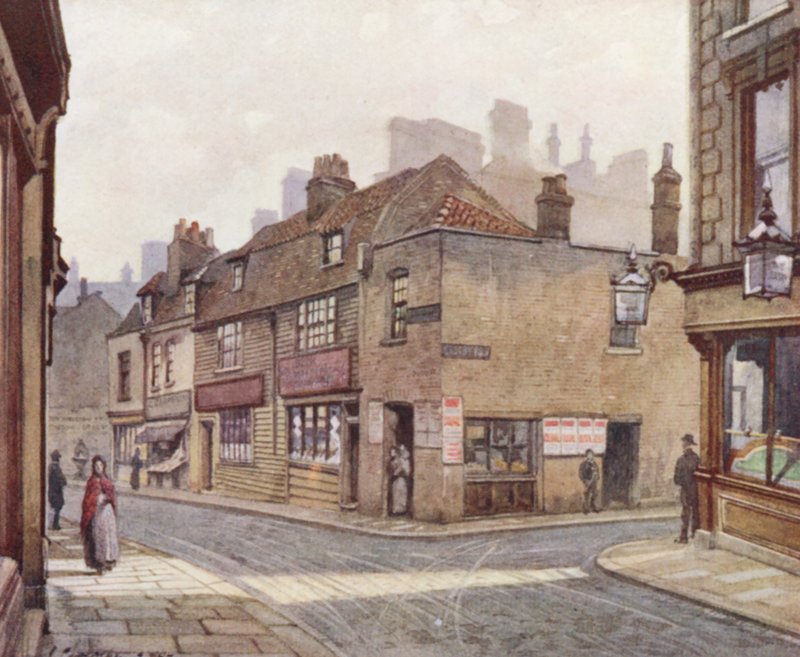 Det forsvundne London: Gamle huse i Snowfields, Bermondsey (farvelitografi) af John Crowther