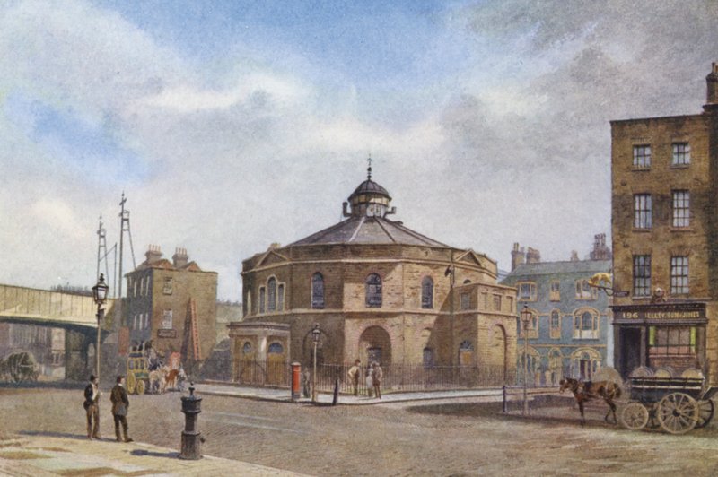 Det forsvundne London: The Surrey Chapel, Blackfriars Road (farvelitografi) af John Crowther