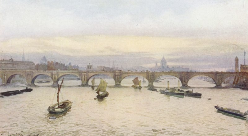 Det forsvundne London: Waterloo Bridge fra Charing Cross Railway Bridge (farvelitografi) af John Crowther