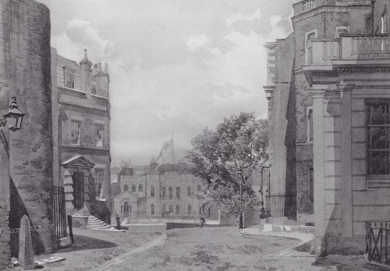 Det forsvundne London: Whitehall Yard, Vanbrughs hus i baggrunden (litografi) af John Crowther