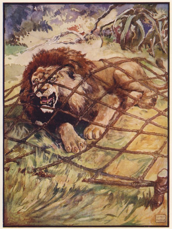Løven og musen (farve litho) af John Edwin Noble