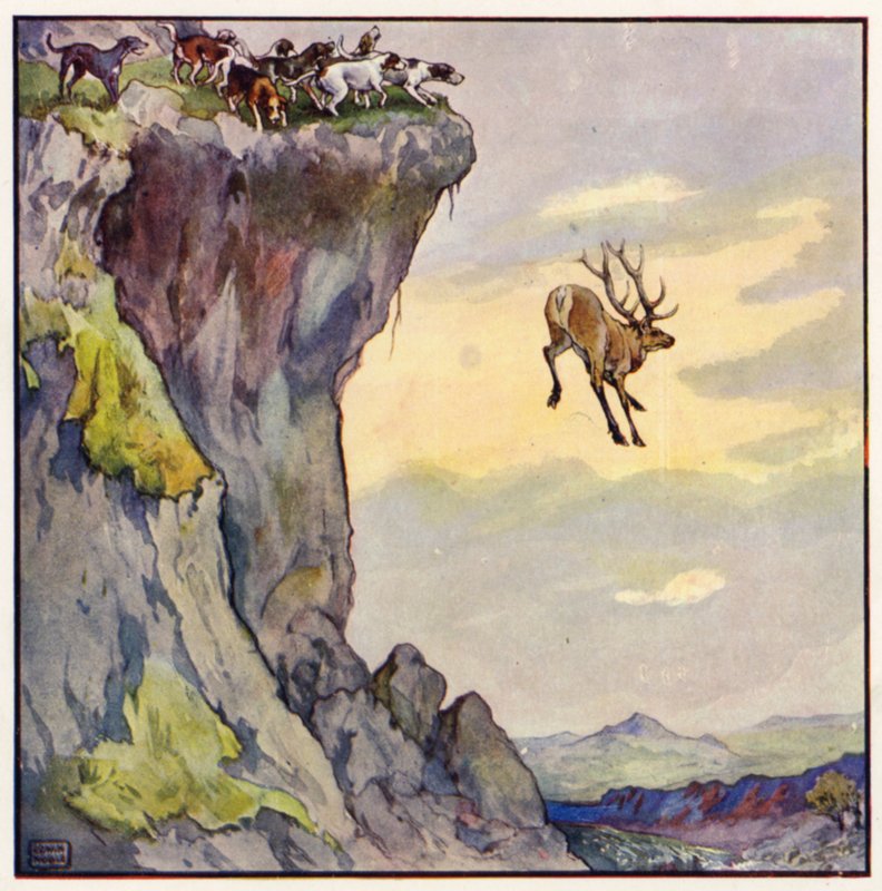 Bukken styrtede ned i afgrunden nedenfor (farve litho) af John Edwin Noble