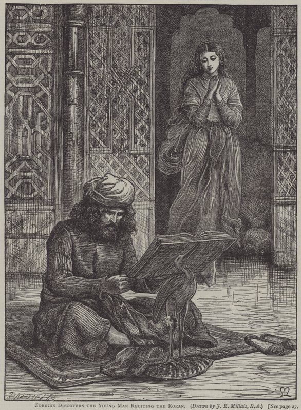 Zobeide opdager den unge mand, der reciterer Koranen (gravering) af John Everett (after) Millais