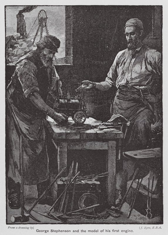 George Stephenson og modellen af hans første motor (farvelitografi) af John Eyre