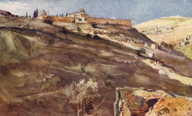 Jerusalem, tempelområdets sydmur, fra Hinnom-dalen, ved solnedgang af John Fulleylove