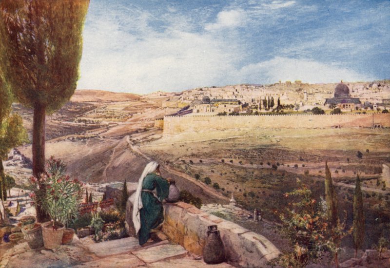 Jerusalem, fra det traditionelle sted på Oliebjerget, hvor Kristus græd over byen (farve litho) af John Fulleylove