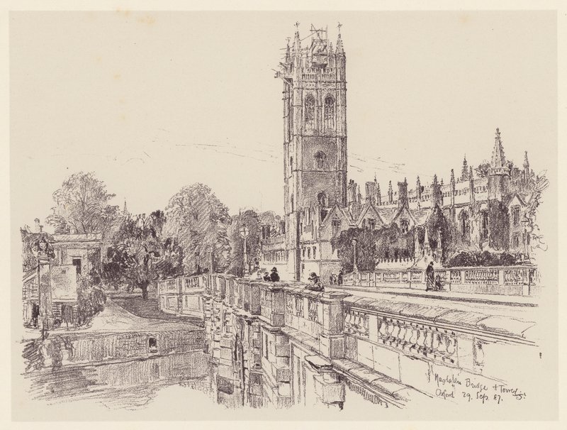 Magdalen College fra broen (litografi) af John Fulleylove