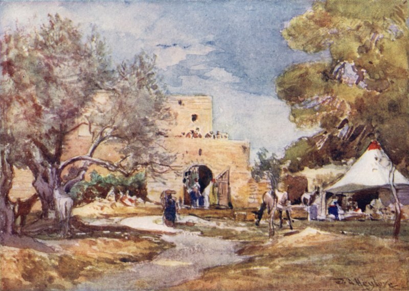 Middelalderbygning uden for Jerusalems nordmur (farve litho) af John Fulleylove