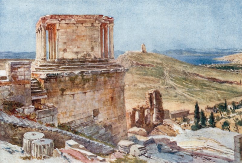 Bastionen og templet for den vingeløse sejr set fra opgangen til Propylaea af John Fulleylove