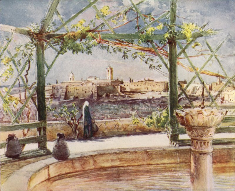 Fødselskirken i Betlehem, fra en have på den modsatte bakke (farve litho) af John Fulleylove
