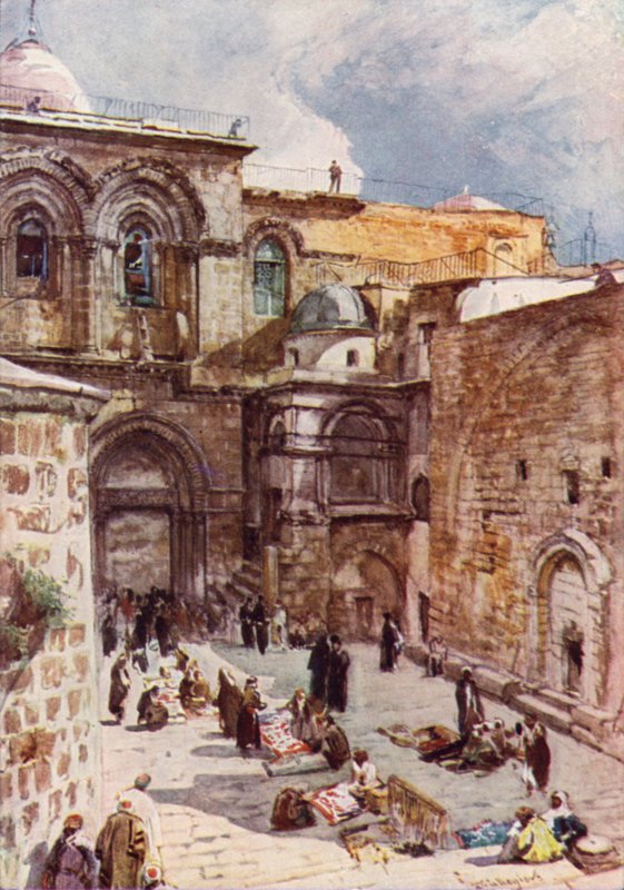 Forretten til Den Hellige Gravs Kirke (farve litho) af John Fulleylove