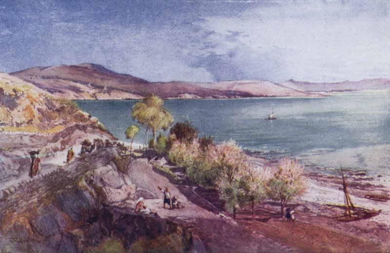 Det hellige land: Genesaret Sø (farve litho) af John Fulleylove