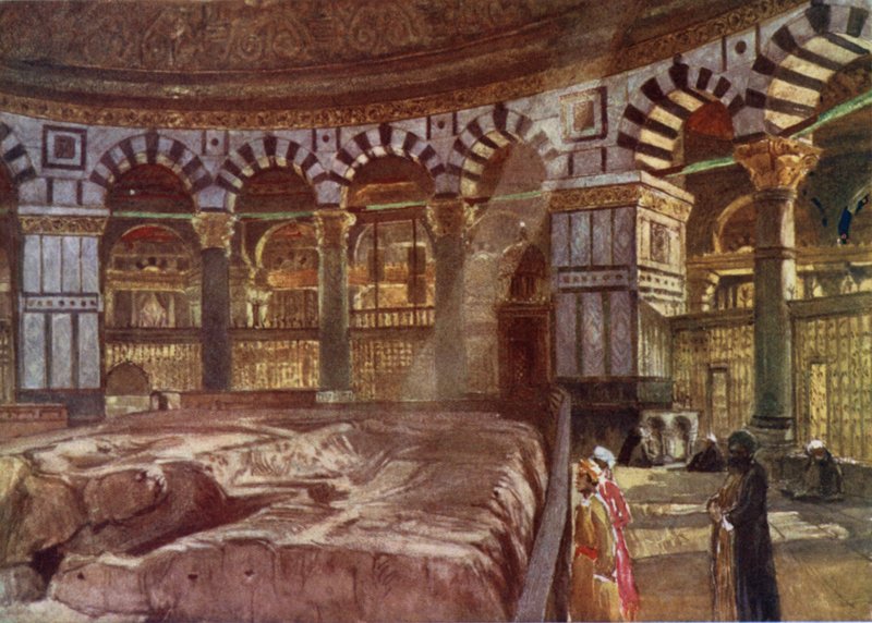 Den hellige klippe under kuplen i Omar-moskeen (farve litho) af John Fulleylove