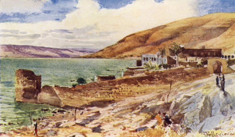 Galilæa-søen, der ser mod syd fra Tiberias (farve litho) af John Fulleylove