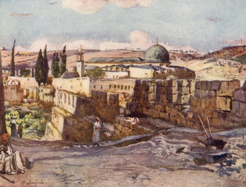 Moskeen i El Aksa, inde fra Jerusalems sydmur (farve litho) af John Fulleylove