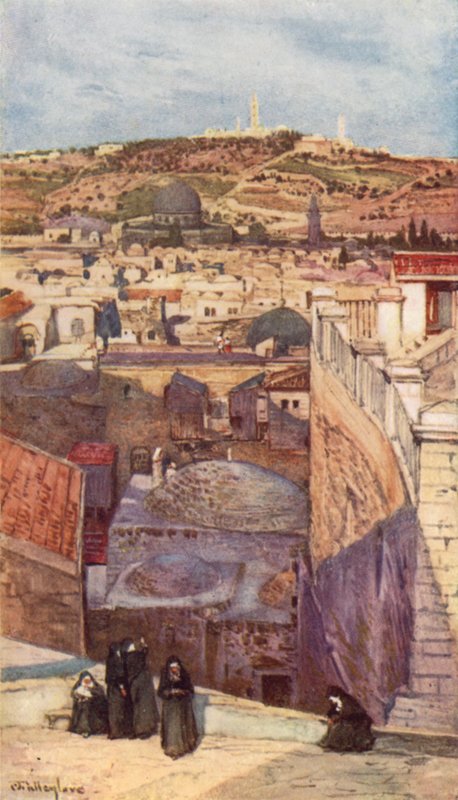 Oliebjerget, fra en hustop på Zions bjerg (farve litho) af John Fulleylove